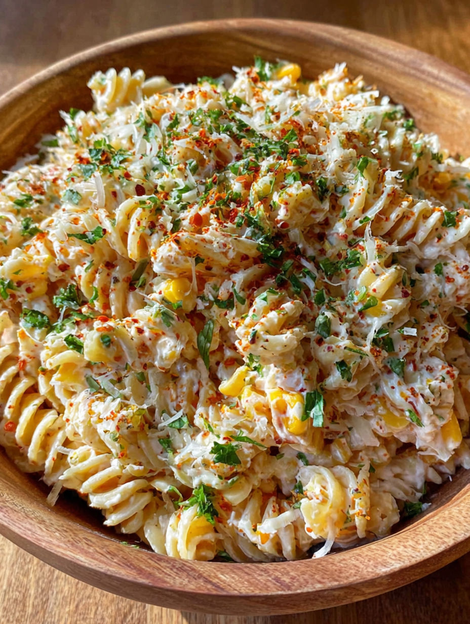 A bowl of pasta salad with corn and red peppers.