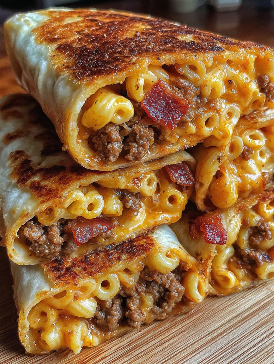 A stack of sandwiches with macaroni and meat.