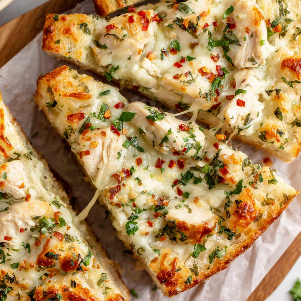 A slice of chicken Alfredo knoblauchbrot.