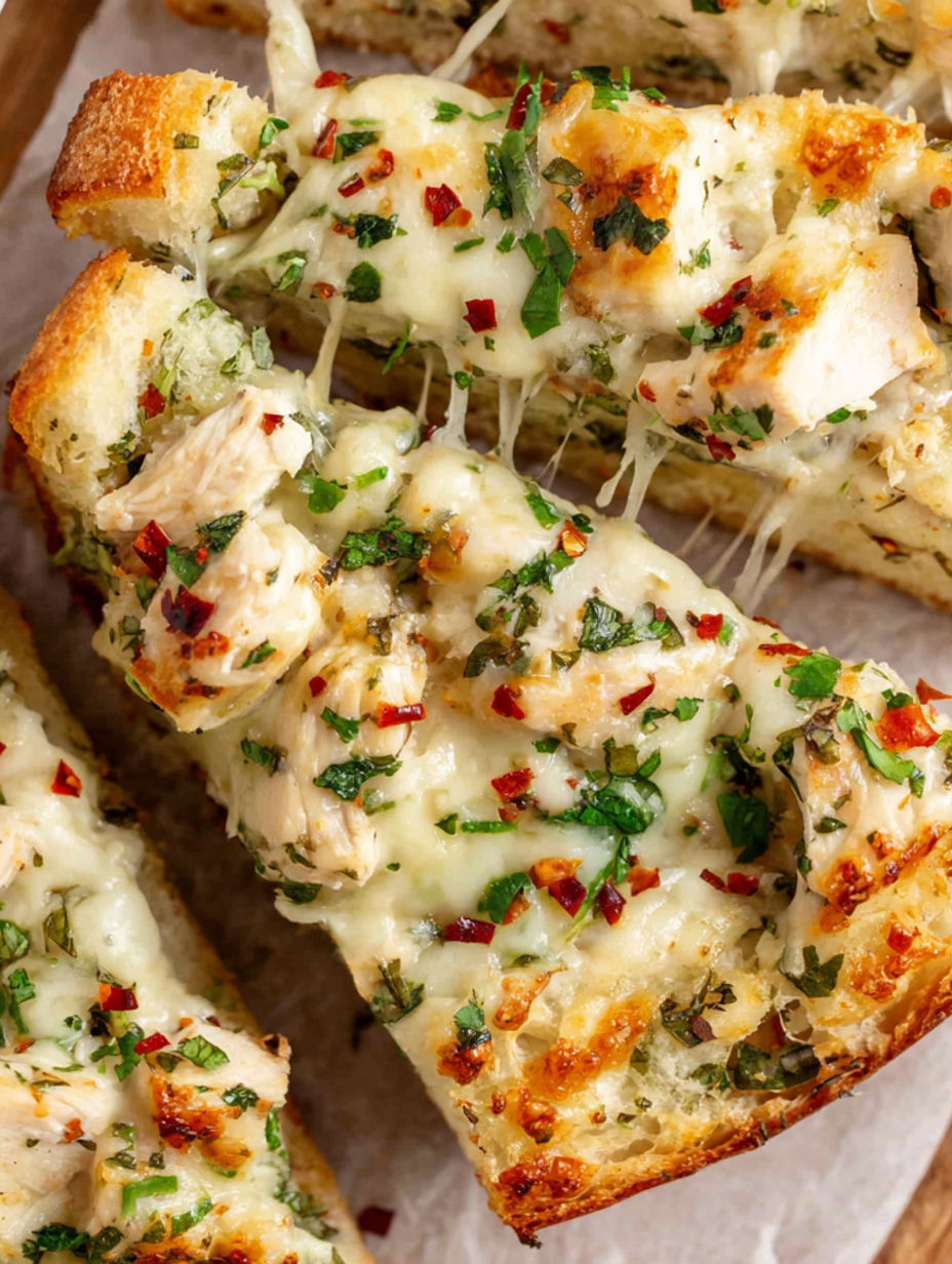 A slice of chicken Alfredo knoblauchbrot.