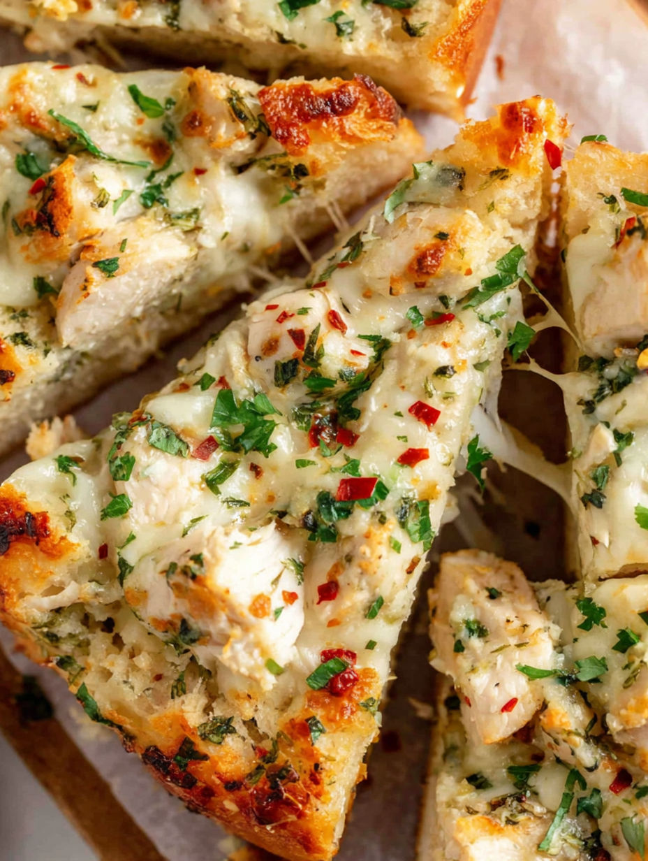 A slice of chicken Alfredo knoblauchbrot.