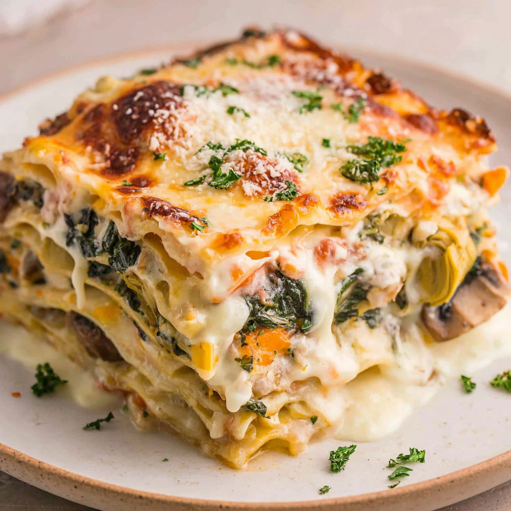 A dish of lasagna with white sauce.