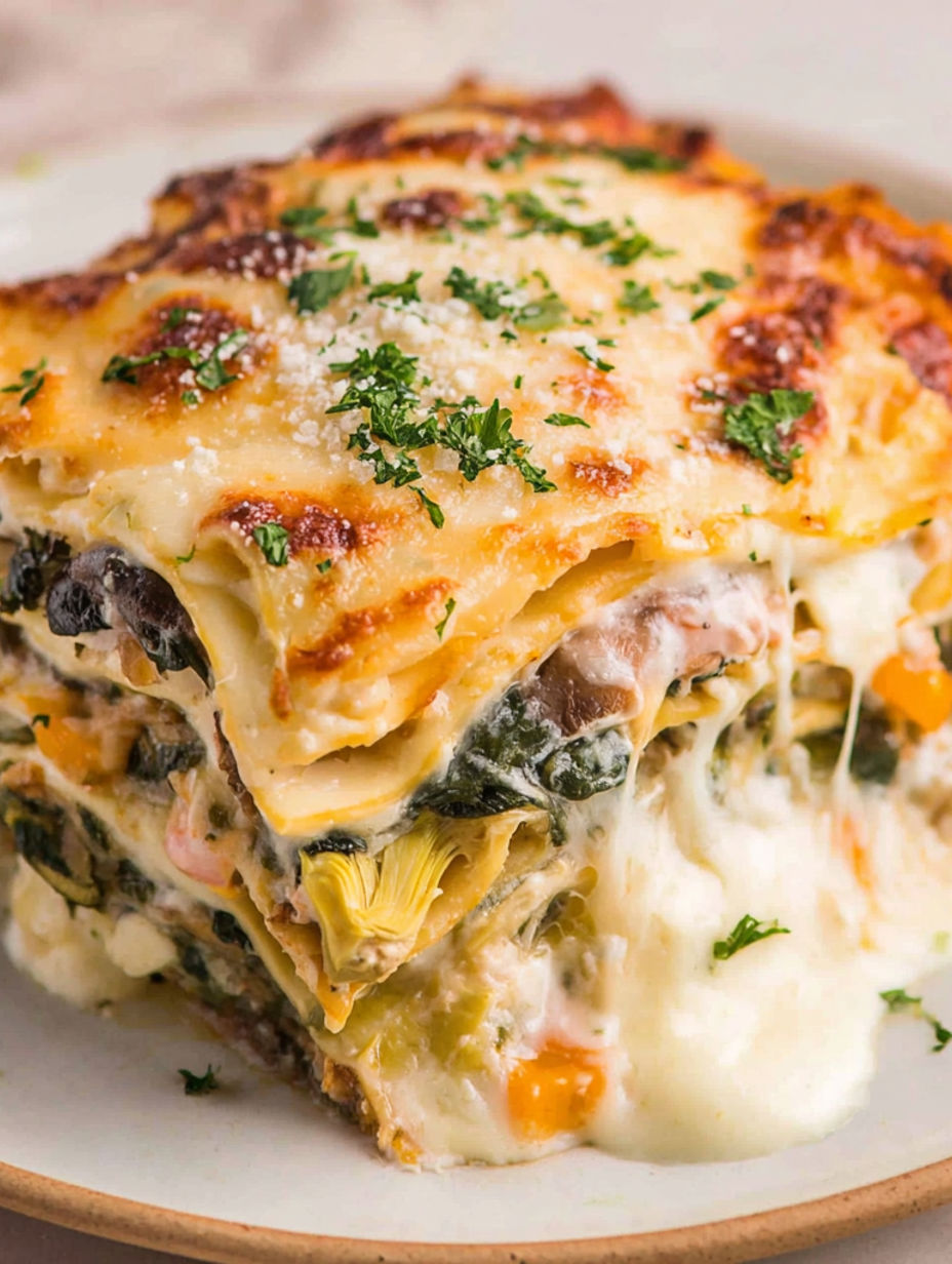 A close up of a lasagna with a white sauce.