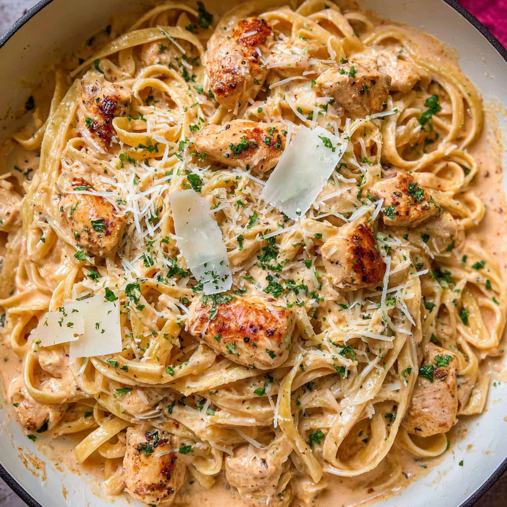 A bowl of pasta with chicken and cheese.