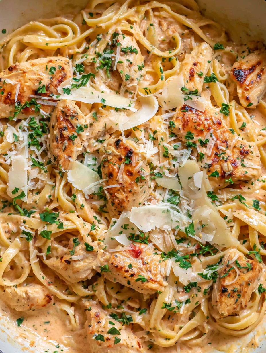 A dish of chicken and pasta.