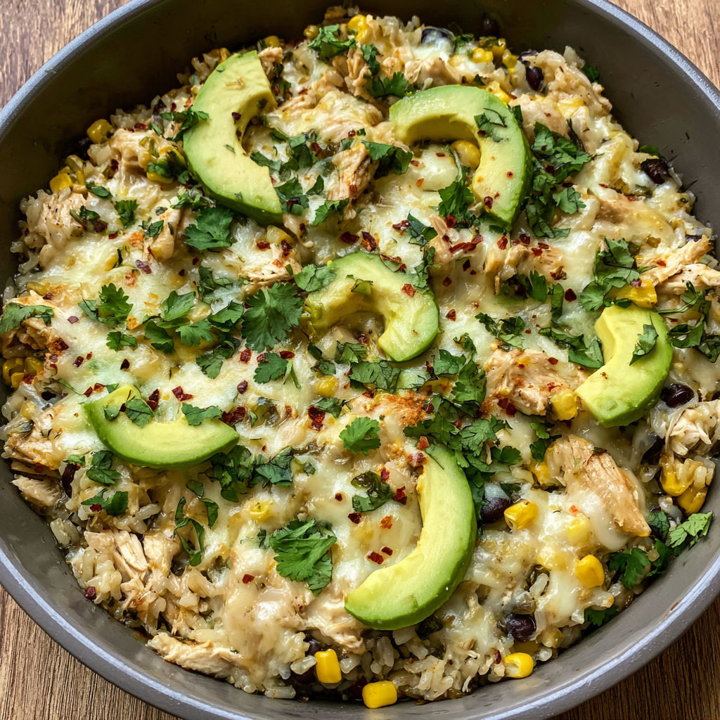 A bowl of food with rice, chicken, and avocado.