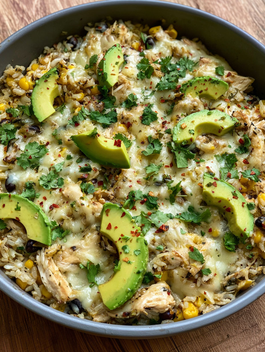 A bowl of food with rice, chicken, and avocado.