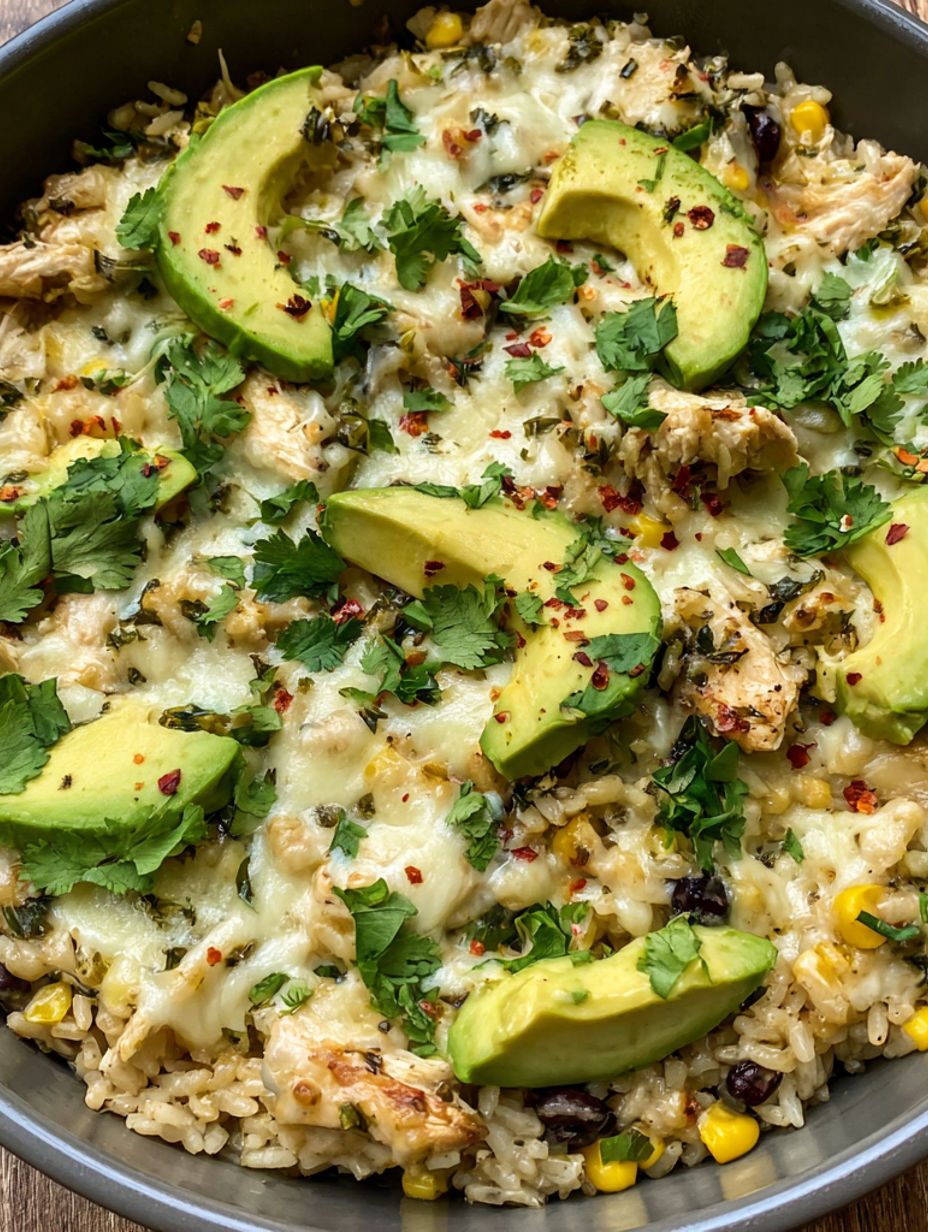 A bowl of food with rice, chicken, and avocado.