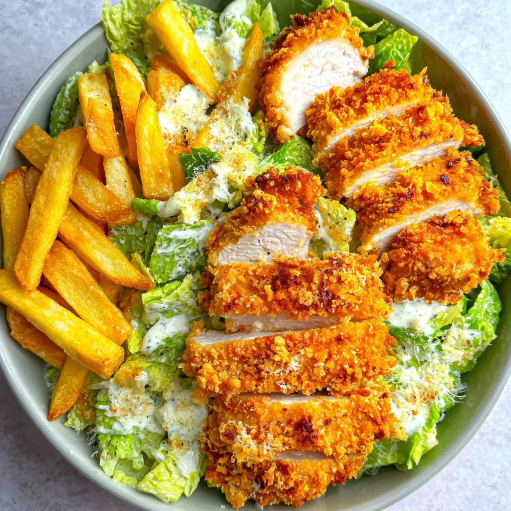 A bowl of food with chicken, fries, and salad.