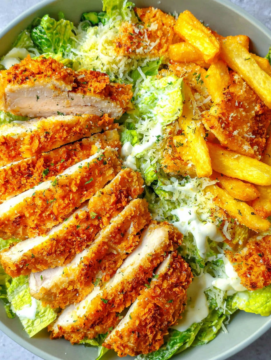A plate of food with chicken, lettuce, and french fries.