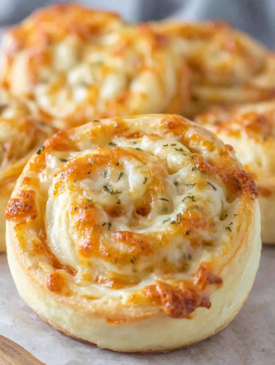 A close up of a cheese and herb filled pastry.