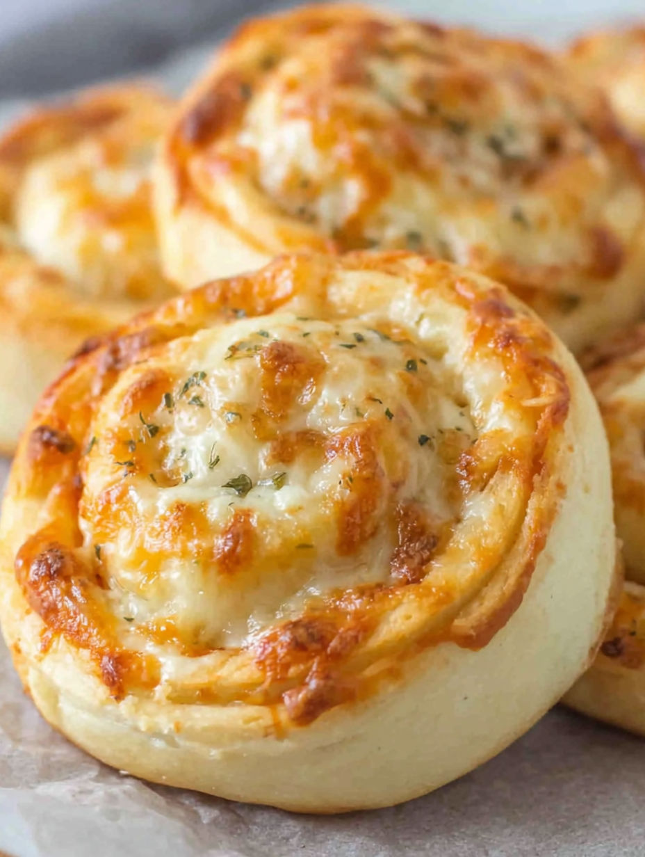 A close up of a cheese and herb filled pastry.