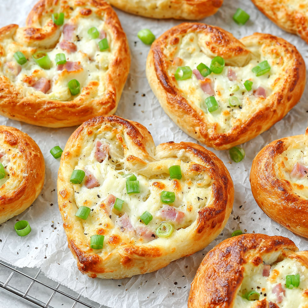 A tray of heart-shaped pastries filled with cheese and ham.