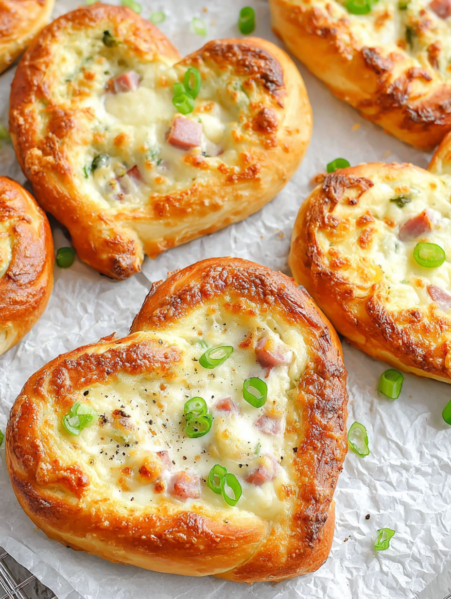 A close up of a heart shaped bread with cheese and ham.