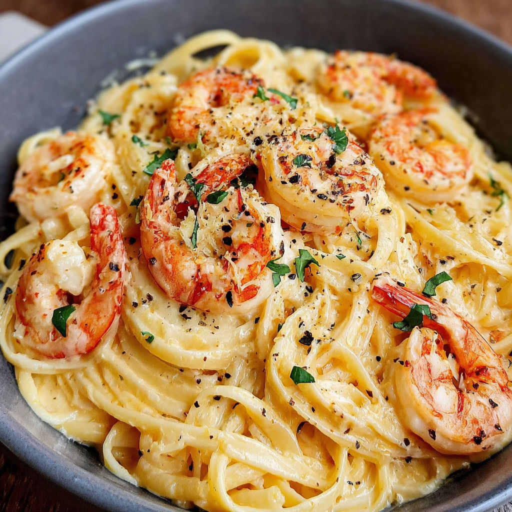 A bowl of spaghetti with shrimp and cheese.