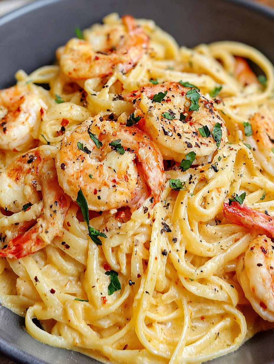 A bowl of spaghetti with shrimp and a sprinkle of parsley.