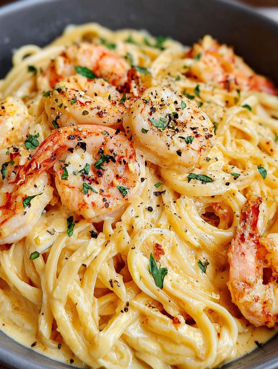 A bowl of spaghetti with shrimp and cheese.