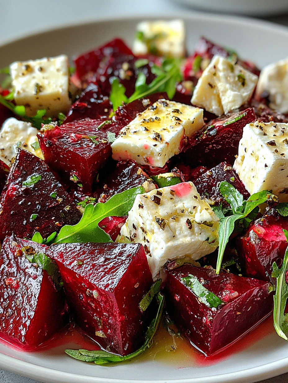A plate of beets with cheese on top.
