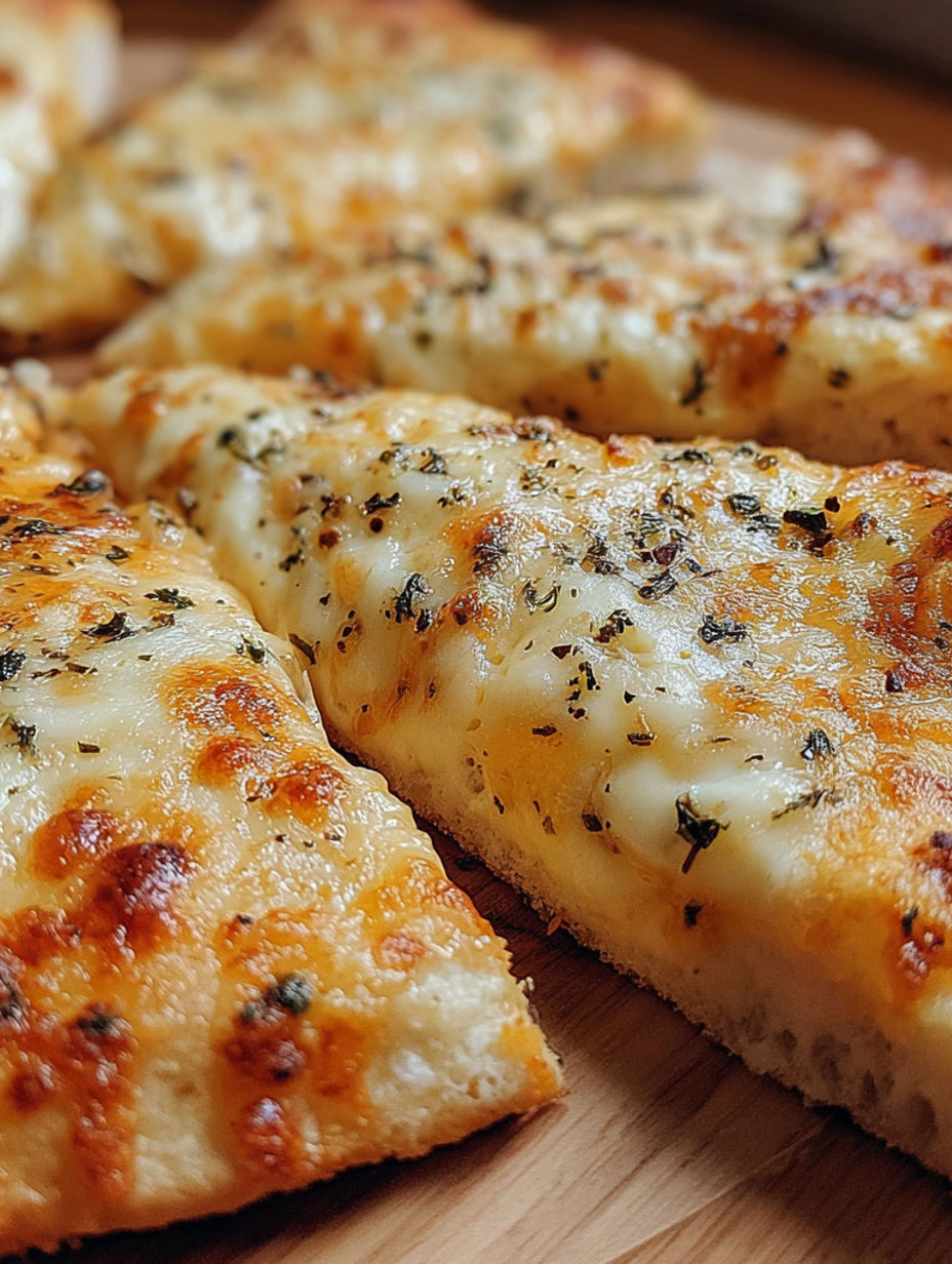 A pizza with cheese and herbs on top.