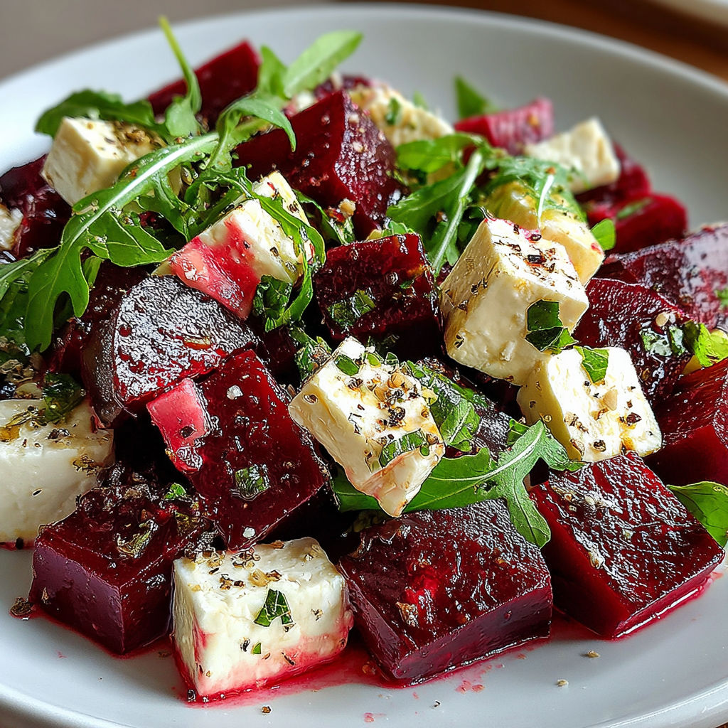 A plate of beets with cheese and greens.