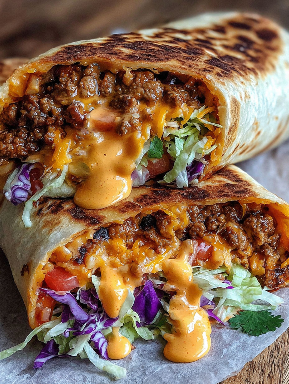 A burrito with cheese and tomatoes.