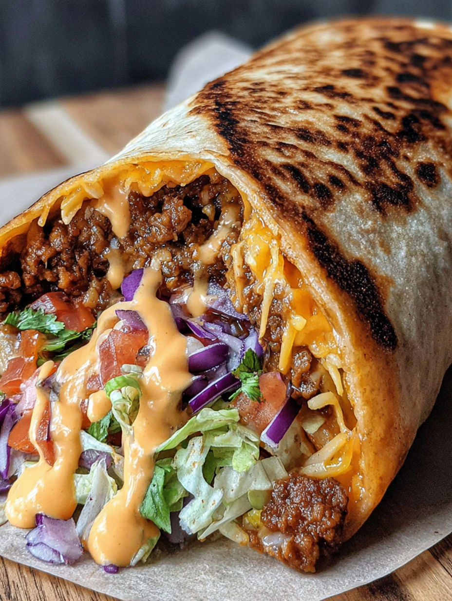 A burrito with cheese and sauce.