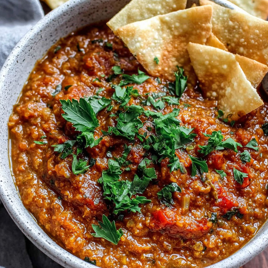A bowl of soup with a spoon in it.