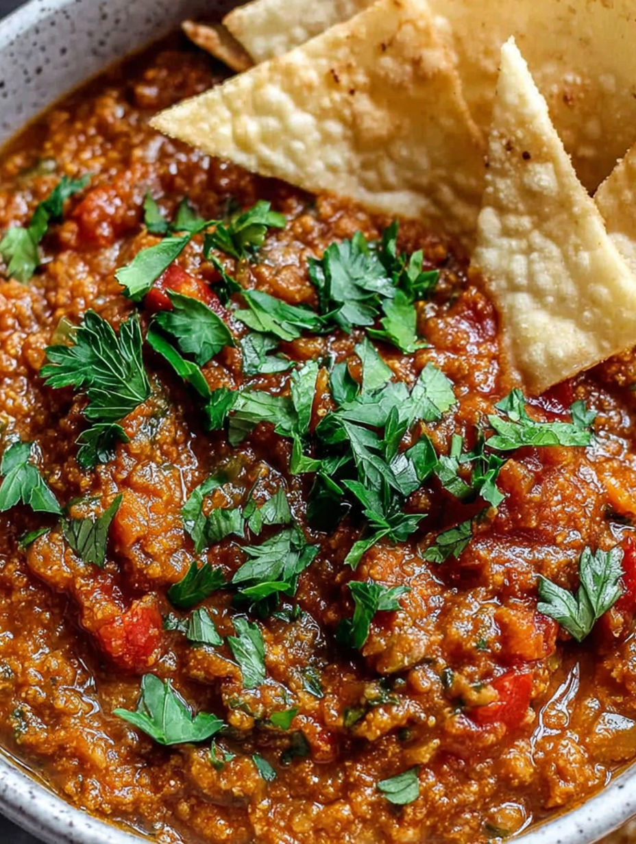 A bowl of chili with a tortilla on top.