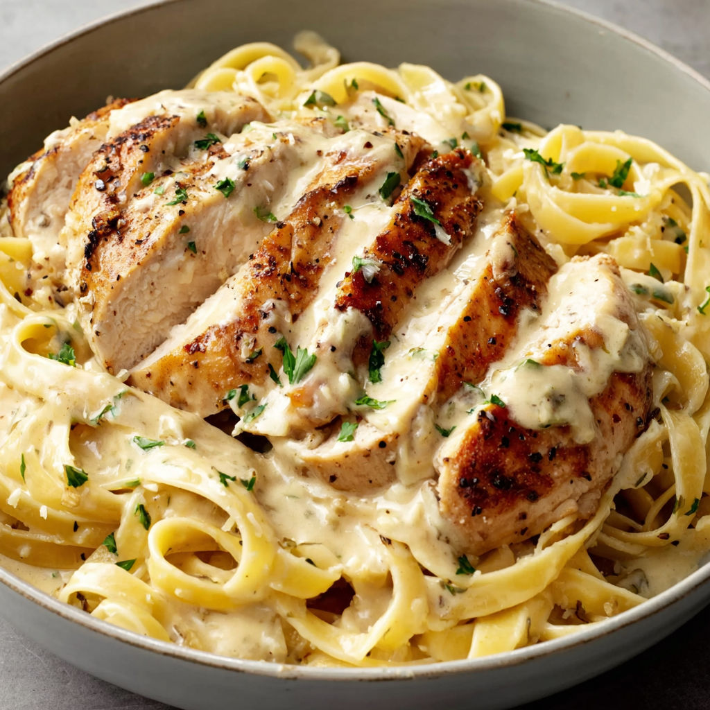 A plate of chicken Alfredo with noodles.