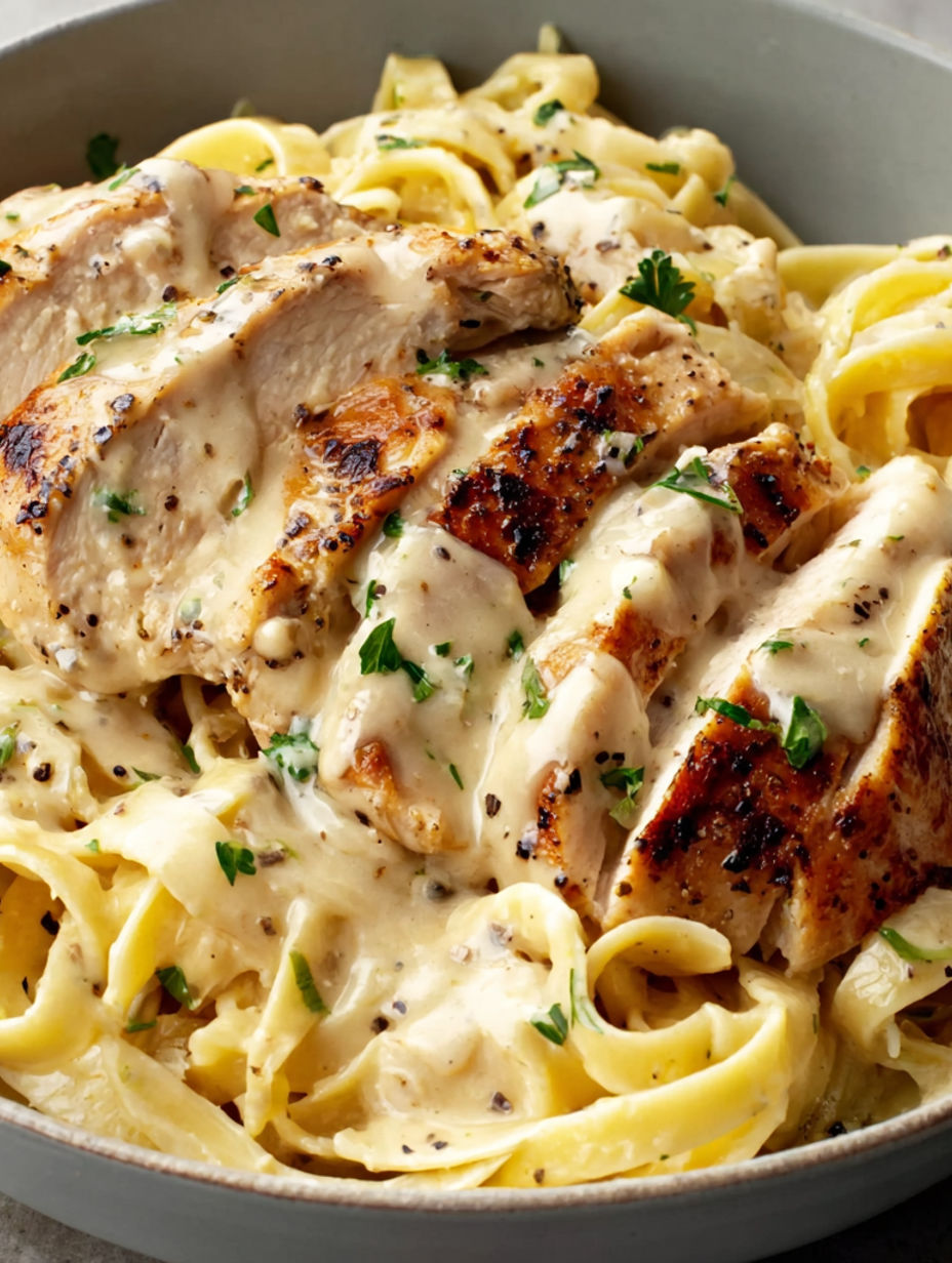 A plate of food with chicken and noodles.