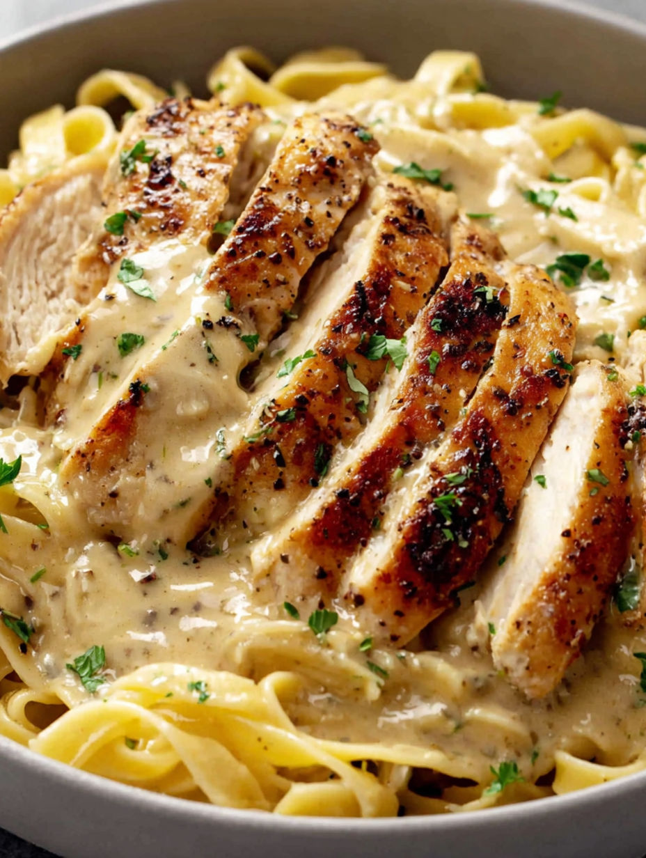 A plate of food with chicken and noodles.