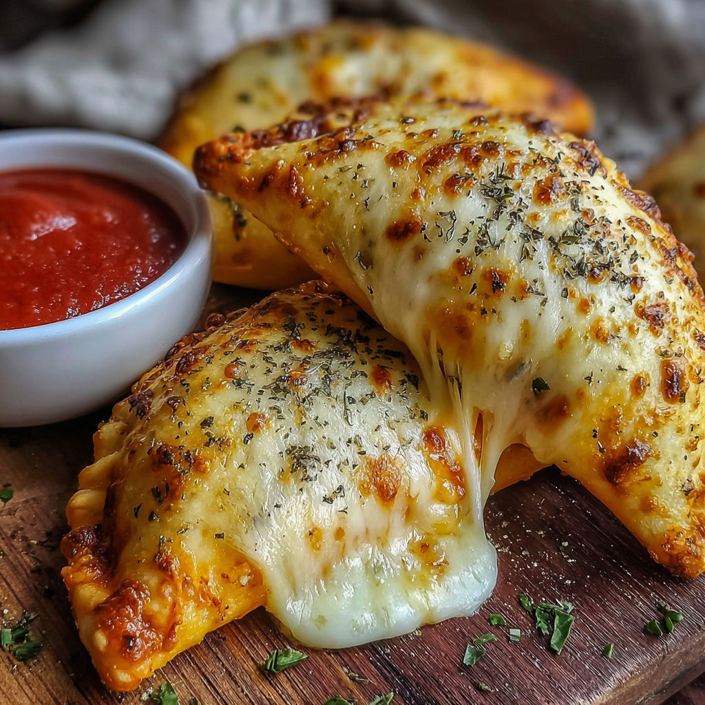 A white bowl of sauce with two cheesy pizza pockets.