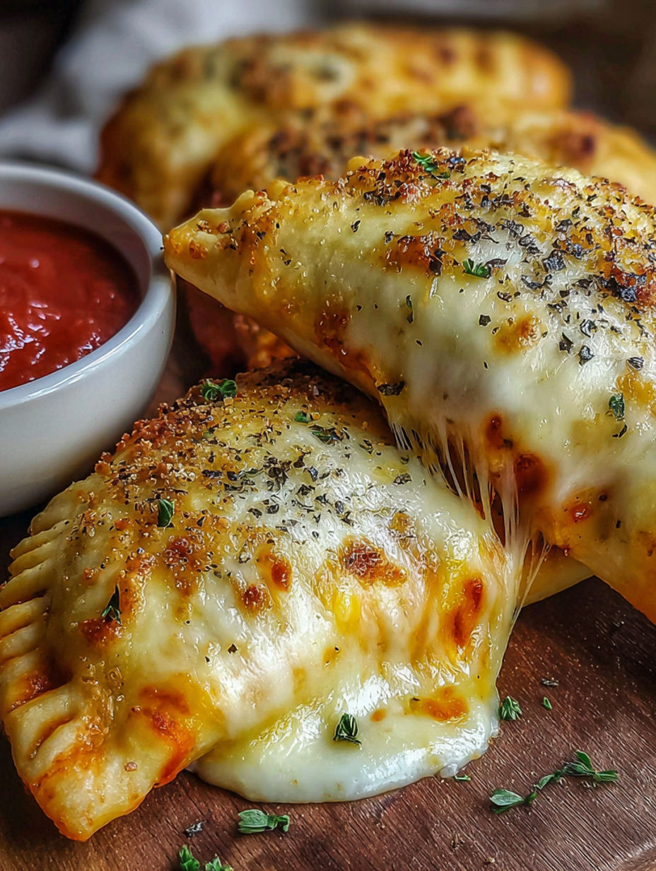 A bowl of marinara sauce sits next to a plate of cheesy pizza pockets.