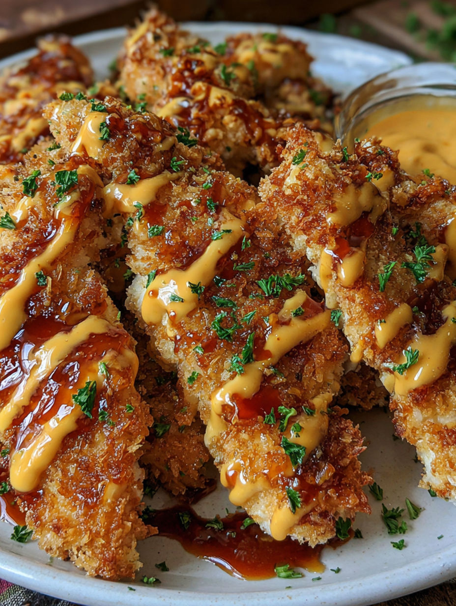 A plate of bang bang chicken with sauce drizzled over it.