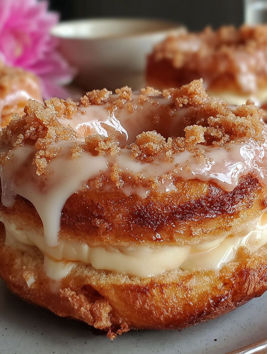 A glazed donut with a croissant topping.