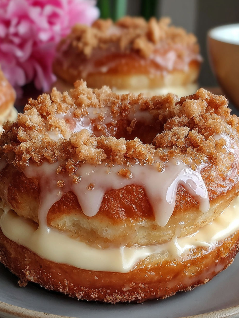 A glazed donut with a croissant topping.