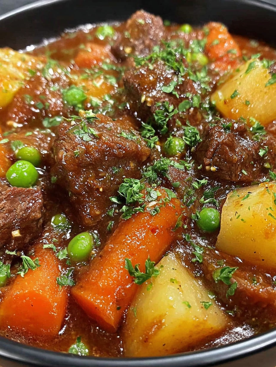 A close up of a delicious stew with meat, peas, and carrots.