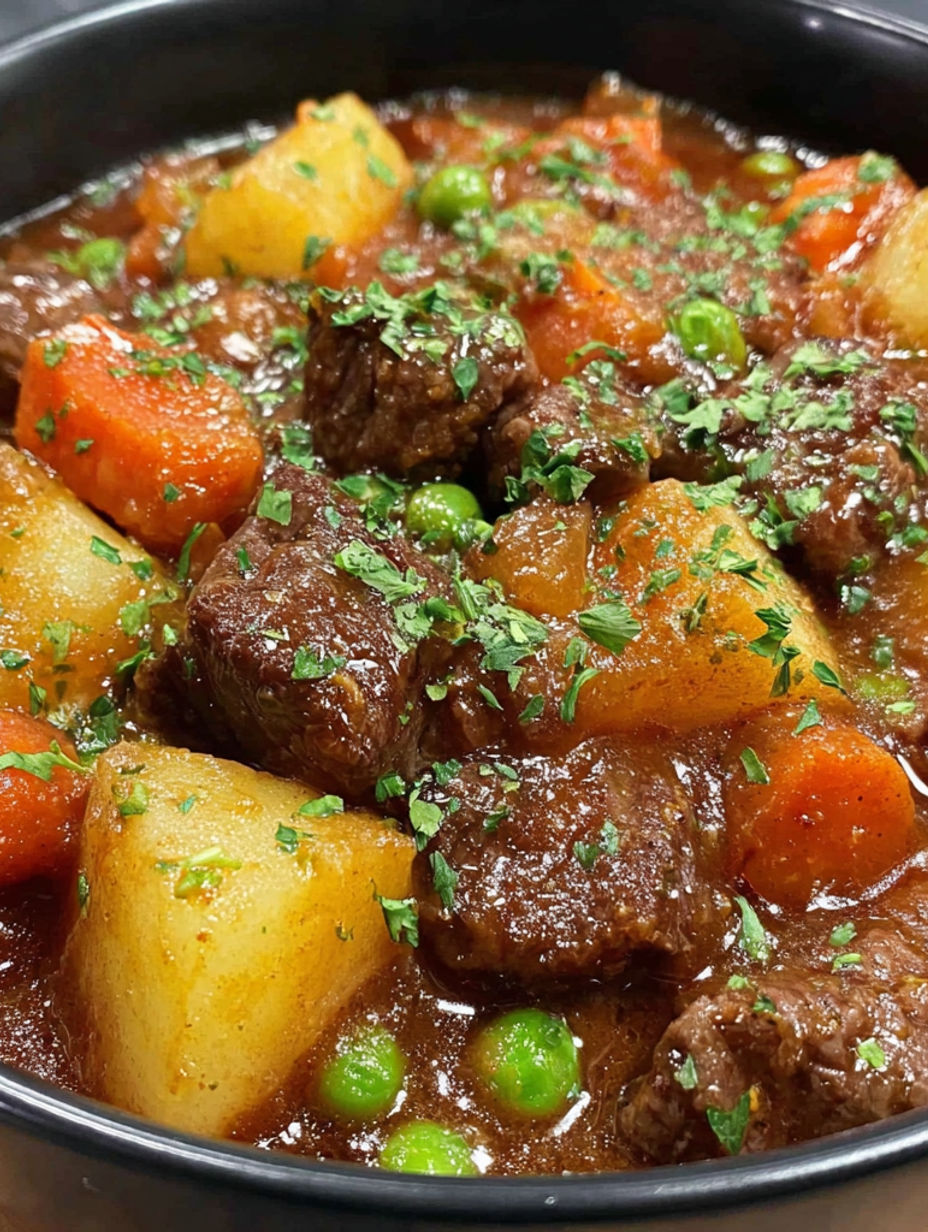 A close up of a delicious stew with meat and vegetables.