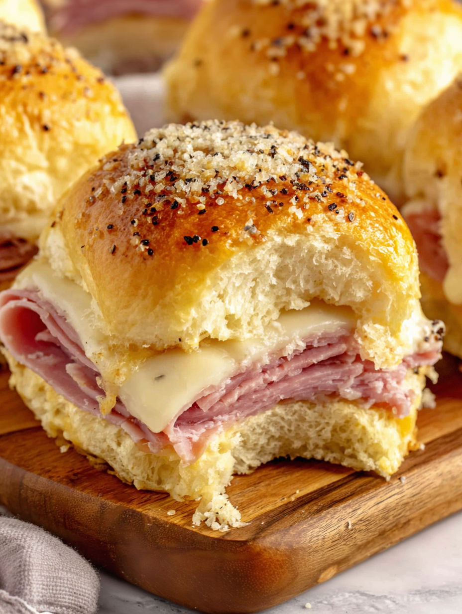 A close up of a ham and cheese sandwich.
