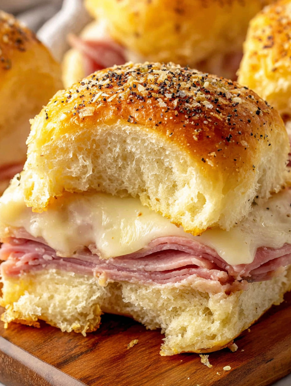 A close up of a ham and cheese sandwich.