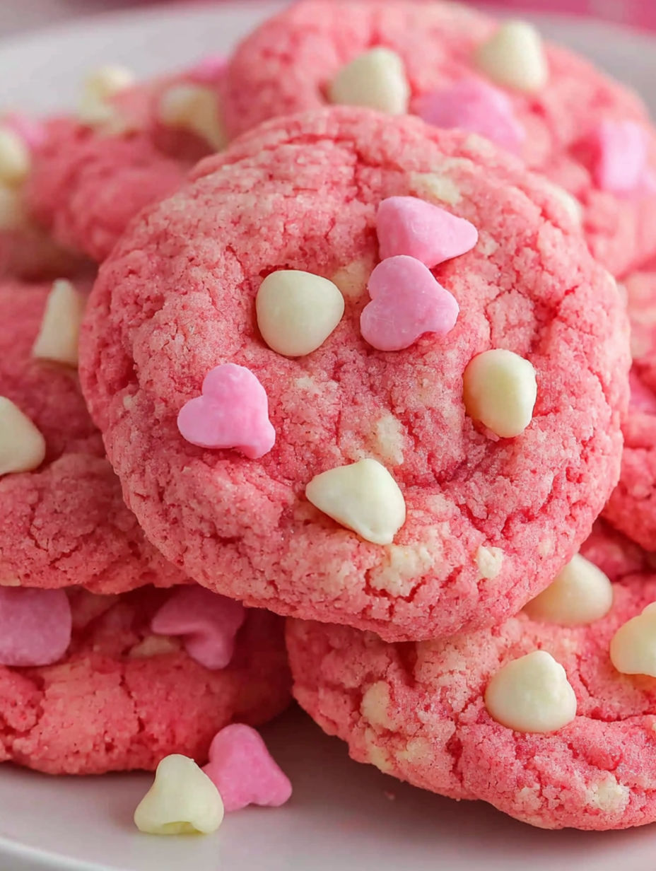 A pink cookie with white chocolate hearts on top.