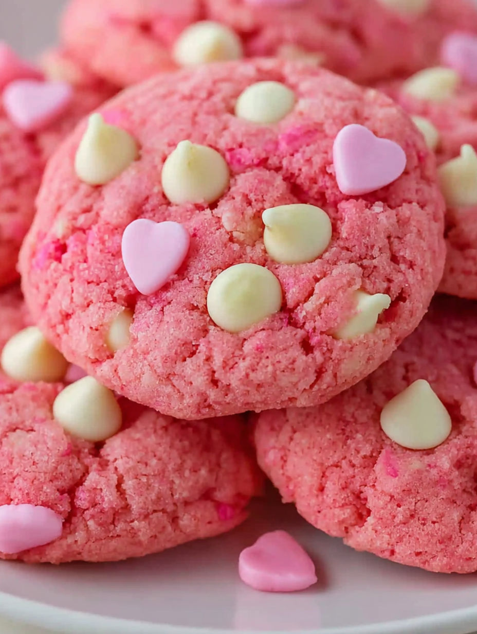 A pink cookie with white chocolate chips.