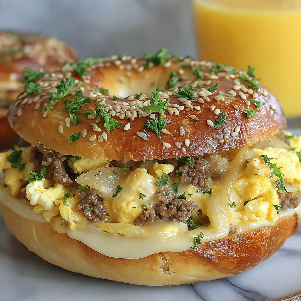 A sandwich with egg, cheese, and sausage.