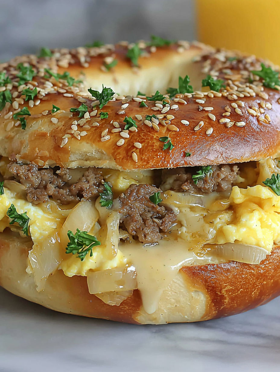 A close up of a sandwich with meat, cheese, and onions.