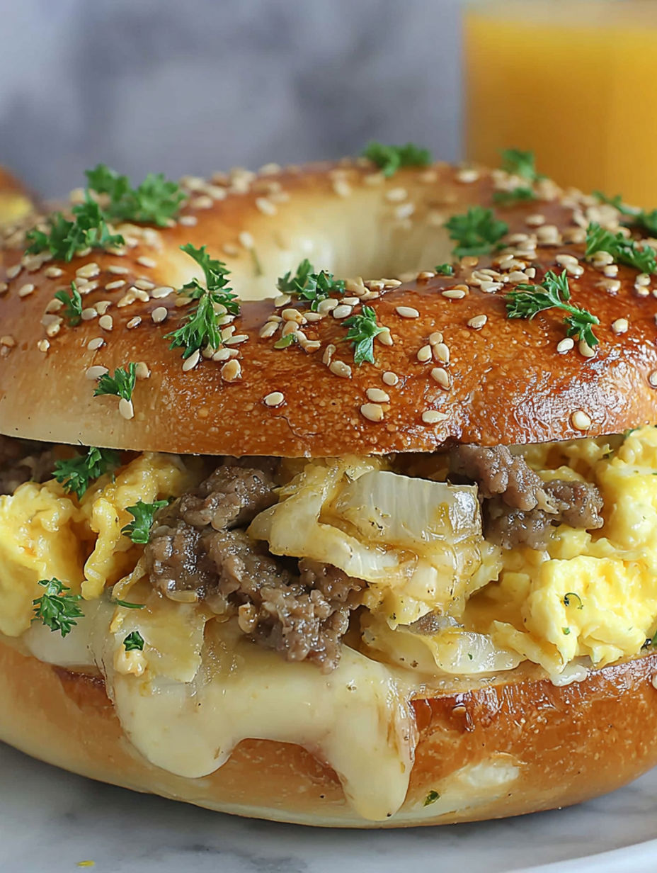 A sandwich with meat, cheese, and onions.