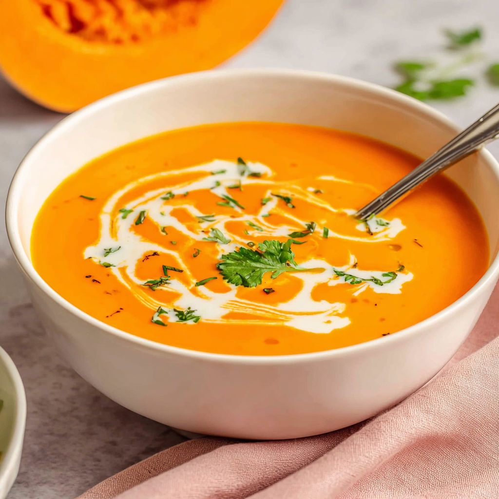 A bowl of creamy soup with a spoon in it.