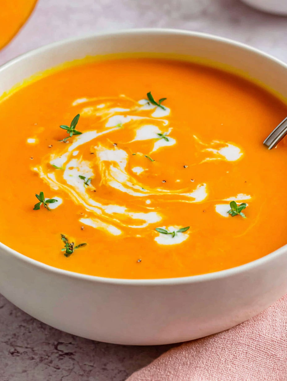A bowl of creamy soup with a spoon in it.