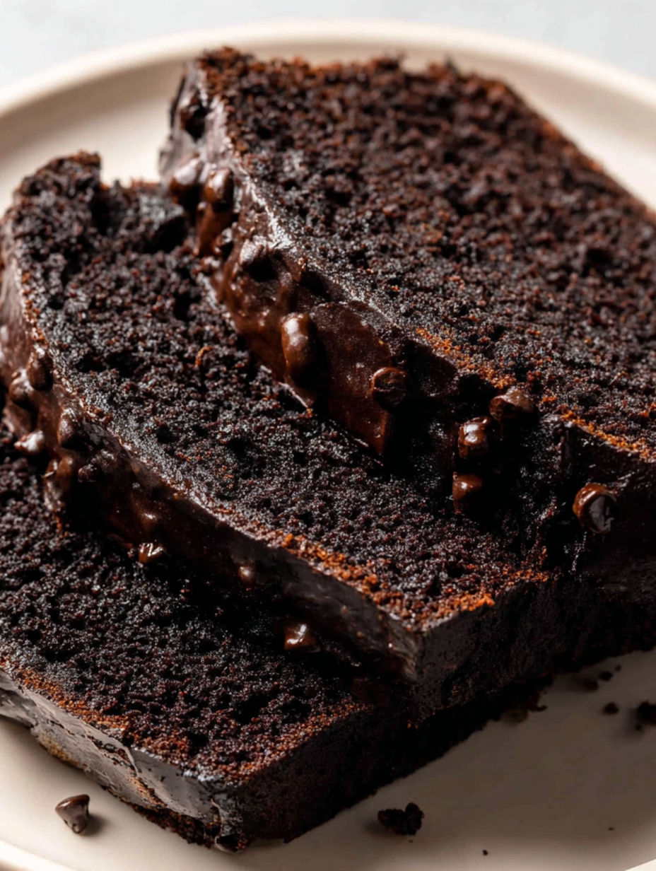 A slice of chocolate cake with chocolate chips.
