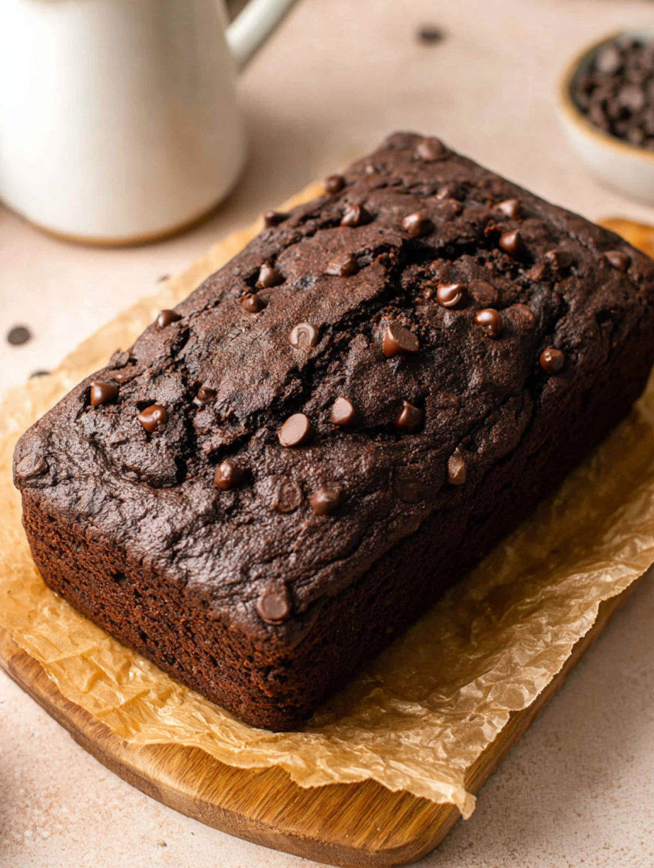 A loaf of chocolate bread with chocolate chips on top.