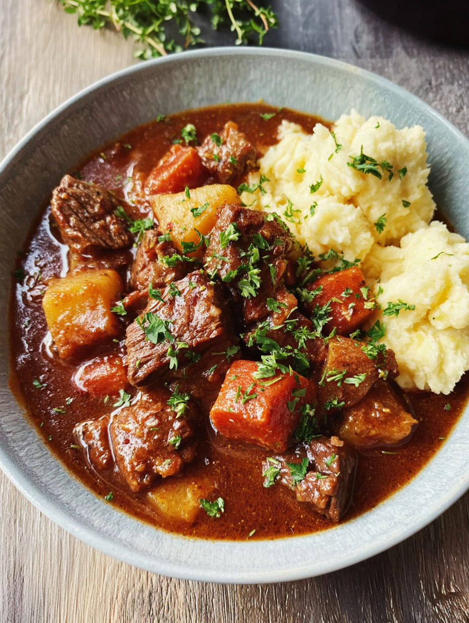 A bowl of beef stew with potatoes and carrots.